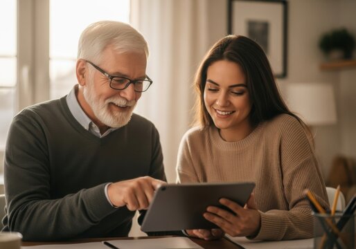 Happy senior man and young woman using a digital tablet together, learning, collaborating, and managing online tasks at home.