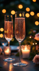 Two glasses of pink champagne with bubbles on a candlelit table, creating a romantic and elegant atmosphere. Ideal for weddings, celebrations, and festive dinners
