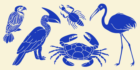 Collection of blue silhouette animals including a parrot hornbill ibis scorpion and crabs on a cream background