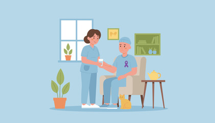 Nurse assists ill male patient with medication at home Medical care illness support flat illustration