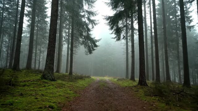Serene misty forest trail lush green moss tall pine trees peaceful nature scene