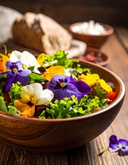 Vibrant salad with edible flowers in a wooden bowl, alongside bread and cheese