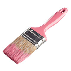 A pink paintbrush with wet paint on its bristles is shown isolated against a solid black background, ready for a home improvement project