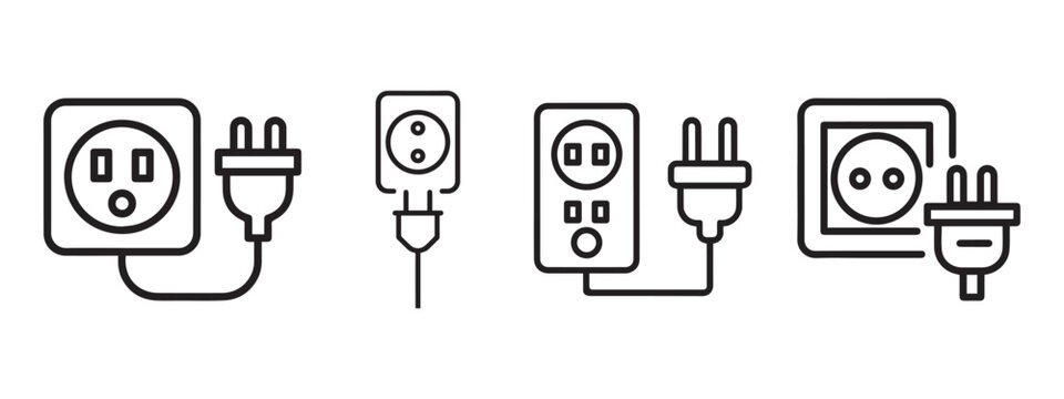 Electrical plug and socket icon set, power outlet and connector vector line art collection.