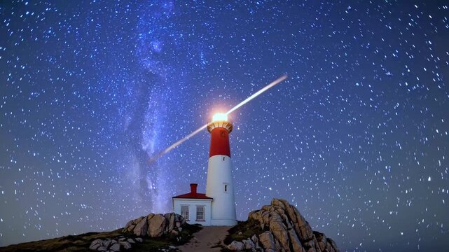 Lighthouse stands strong amidst stars, beacon illuminating night. Lighthouse symbolizes hope and navigation as stars create celestial beauty, drawing viewers into calming nightscape for inspiration an