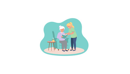 Home caregiver helps senior woman read a book emphasizing elderly assistance and companionship
