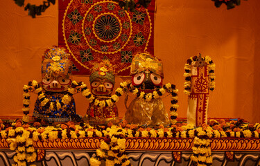 Hindu god jagannath idol made with wooden for worship.