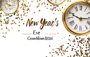 Festive design featuring countdown clock and golden glitter elements welcoming the arrival of New Year 2026 isolated on white background PNG