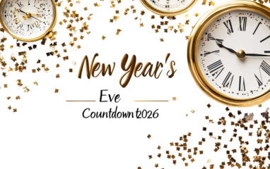 Festive design featuring countdown clock and golden glitter elements welcoming the arrival of New Year 2026 isolated on white background PNG