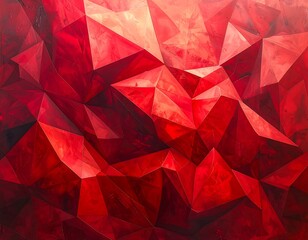 Abstract ruby-red crystalline shapes create a faceted, dimensional, geometric, and angular design