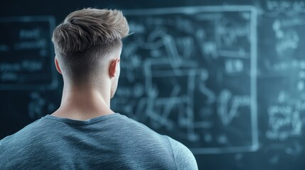 Physics Group of students discussing complex physics equations on a chalkboard in a classroom.