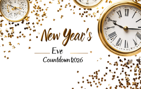 Festive design featuring countdown clock and golden glitter elements welcoming the arrival of New Year 2026 isolated on white background PNG