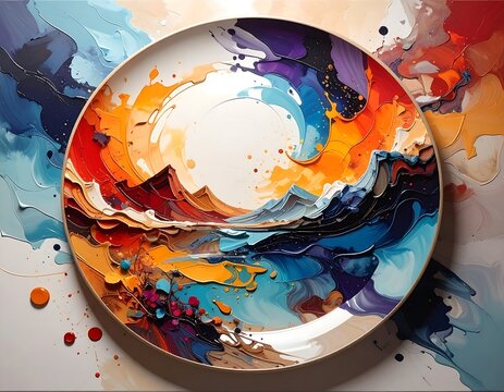 Abstract round plate with painted mountain and water scene, bright color palette
