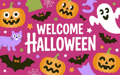 Vibrant Halloween Party Invitation Banner: Cute Ghosts, Black Cats, Bat, and Jack-o-Lantern Icons on a Seamless Purple Pumpkin Background
