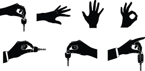 Hand holding car key, silhouette gesture, remote control, vehicle access, key grip, driving concept, auto security, motion, tools, signal