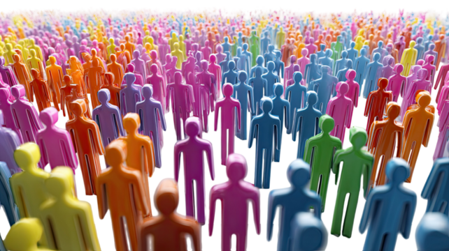 Colorful crowd of abstract human figures standing together in diversity and unity showing vibrant community connection isolated on white background