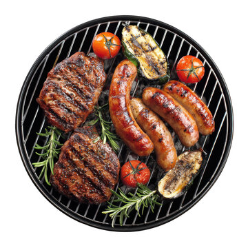 An inviting top-down view of a summer barbecue featuring juicy grilled steaks sausages fresh tomatoes and zucchini cooking on a charcoal grill garnished with rosemary