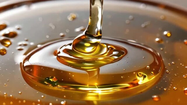 Honey flowing smoothly from a spoon into a golden pool, capturing the essence of natural sweetness and texture