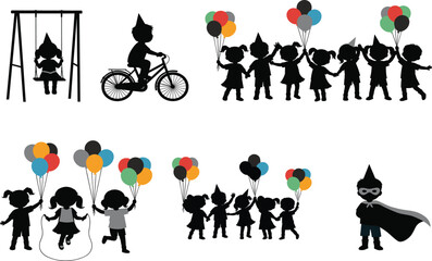 Children celebration silhouette set, black vector icons of kids swinging, cycling, holding balloons, and superhero dress-up