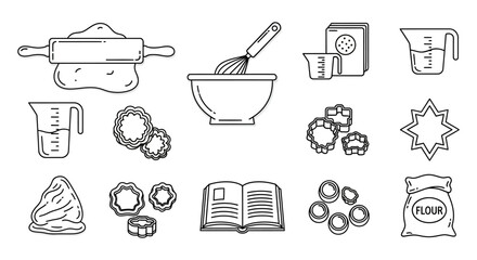 baking ingredients icons rolling pin flour recipe book mixer and cookie cutters for creating cookies perfect for kitchen tutorials