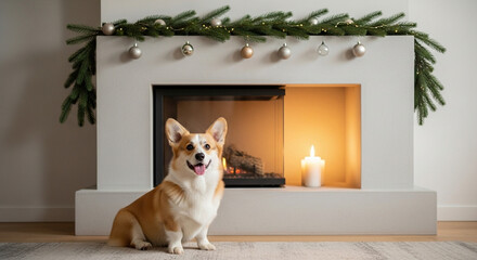 Corgi dog sitting happily by a cozy fireplace decorated for winter  