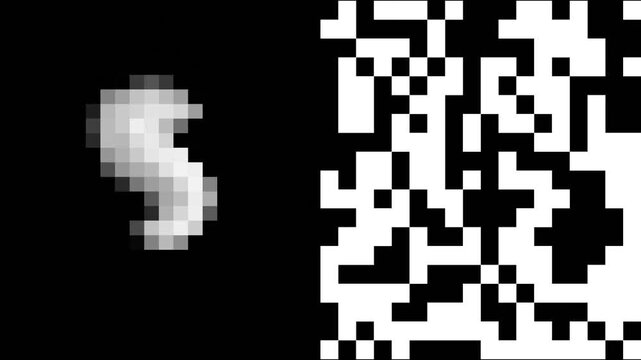 Digital document analysis visualization showing machine learning reading handwritten or printed characters, pixel blur effect