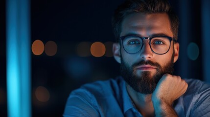 Employee Scientist working late in the office, analyzing data on a computer screen.