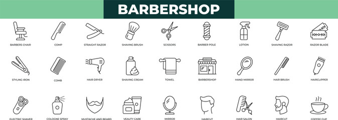 Barber shop elements - simple thin line icon set. hair drier, hand mirror, coffee cup, towel, beauty care, moustache, hairbrush icons collection