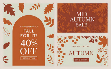 Modern Fall & Mid-Autumn Sale Banners: Promotional Template Set with Abstract Autumn Leaves 