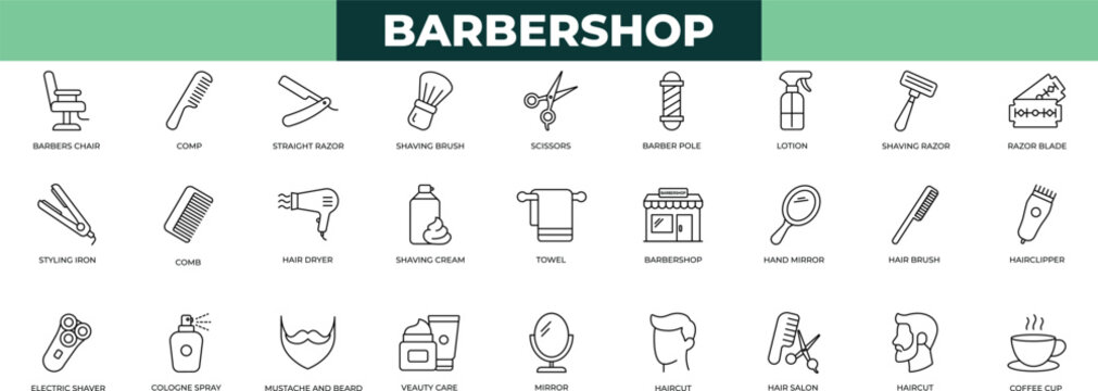 Barber shop elements - simple thin line icon set. hair drier, hand mirror, coffee cup, towel, beauty care, moustache, hairbrush icons collection - Powered by Adobe