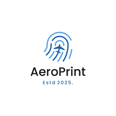 Modern AeroPrint logo design featuring fingerprint and airplane, ideal for branding travel tech or future-forward aviation companies looking for a unique brand identity