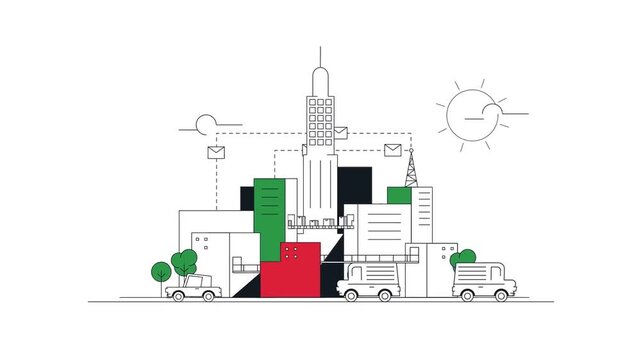 Smart city animation with connected buildings, data communication and digital technology network illustration