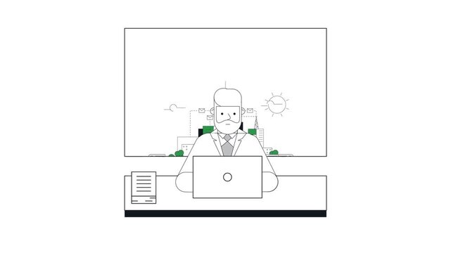 Office worker multitasking at desk with laptop and documents productivity animation in minimal line art style