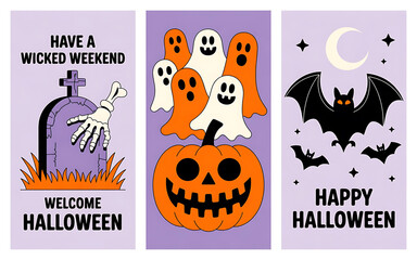 Weekend Halloween Vertical Story Set: Cute Ghosts with Pumpkin, Tombstone with Skeleton Hand, and Full Moon Bat Graphics