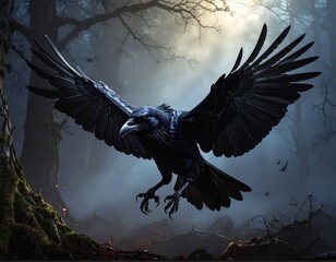 Obraz premium Majestic Dark Raven in a Mystical Forest Setting at Dusk
