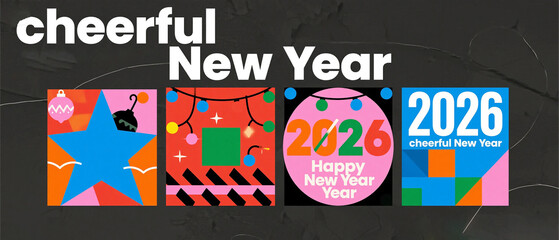 Bold Geometric Abstract New Year 2026 Square Graphics: Cheerful Holiday Design Set with Star, Lights, and Modern Typography