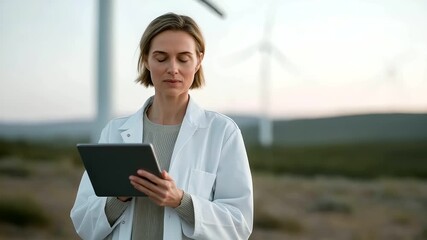 female scientist recording wind turbine output data on tablet standing in open field gentle wind hum research innovation cinematic color correction, gentle backlight, clean negative space, high - Powered by Adobe
