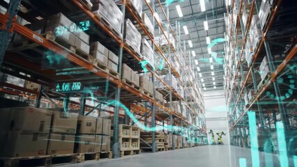 Wide low-angle dolly video glides through a pristine, high-tech modern warehouse. Gleaming LED lighting illuminates towering shelves with brand-neutral inventory. Blue AR overlays animate real-time - Powered by Adobe