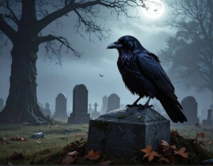Obraz premium Raven Perched on Tombstone in Spooky Graveyard at Night