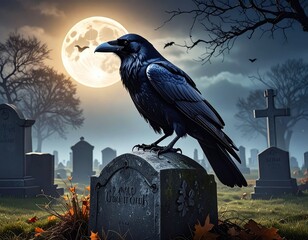 Obraz premium Mysterious Raven on Gravestone Under Full Moon in Eerie Cemetery