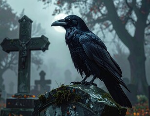 Obraz premium Black Raven on a Tombstone in a Foggy Cemetery at Dusk