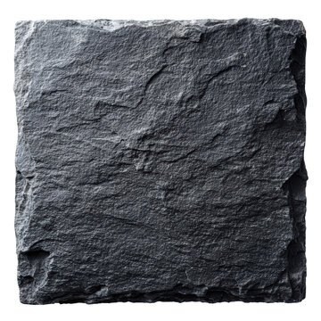 A square piece of dark grey slate stone with a naturally rough and textured surface shown from above on a black background