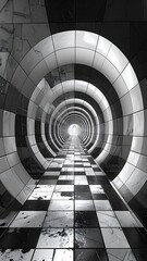 Naklejka premium Abstract monochrome tunnel, black and white checkered floor leading to bright light
