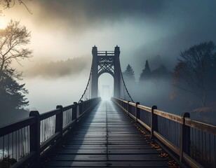 Serene Foggy Bridge at Dawn Surrounded by Nature's Beauty