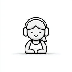 Cute girl icon with headphones in a minimalist line art style, black and white, for a music or gaming avatar