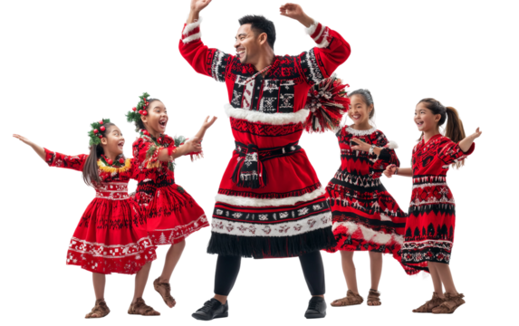 New Zealander family performing Christmas haka dance in festive outdoor setting celebrating culture and unity isolated on white background PNG