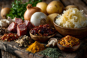 Overview of Kapustnica ingredients Sauerkraut sausage smoked neck and knee potatoes onions dried mushrooms coriander and red pepper