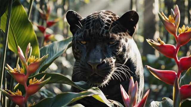 Close up of a black panther in a jungle setting surrounded by colorful tropical flowers and greenery