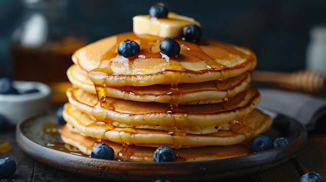 A stack of pancakes topped with blueberries banana and syrup on a dark plate close up view