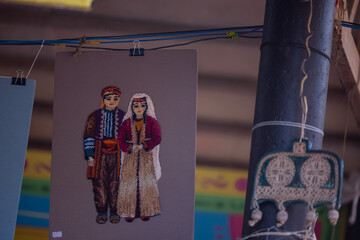 Handmade souvenir of Kazakhstan ethnic culture at fair.